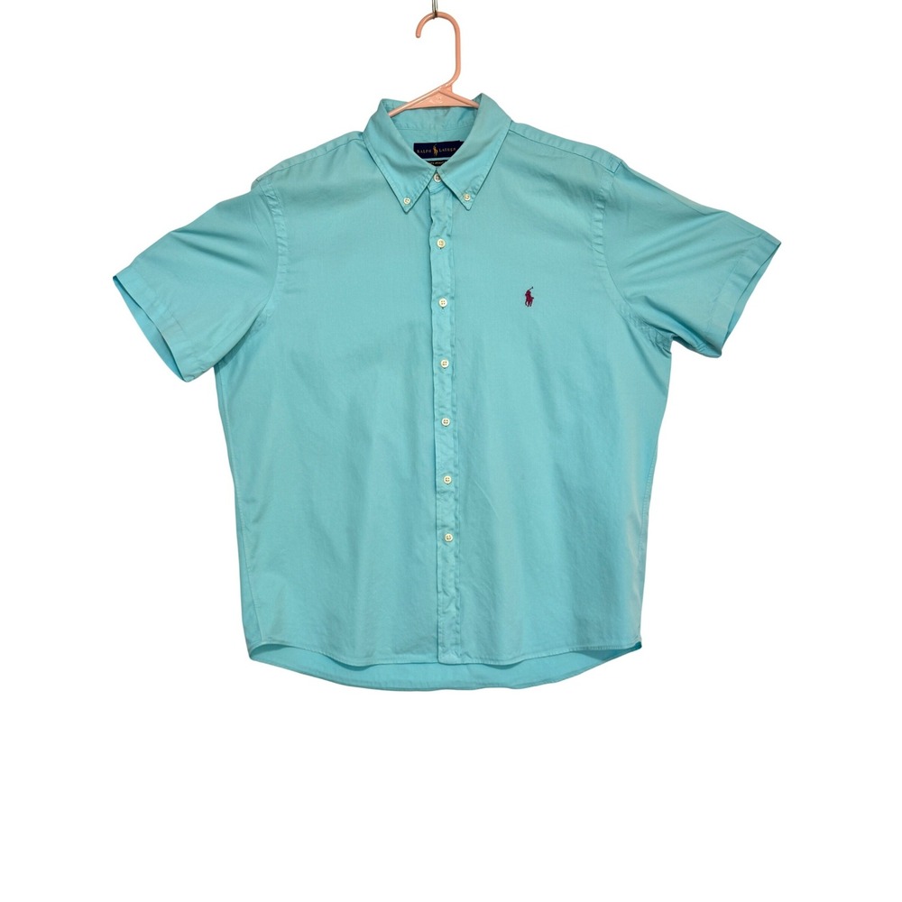 Ralph Lauren Mens Size L Turquoise Blue Feather Weight Twill Short Sleeve‎ Shirt